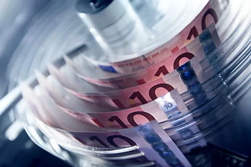 A highspeed InterFund Solutions banknote processing machine accurately counting and sorting 10 euro notes.